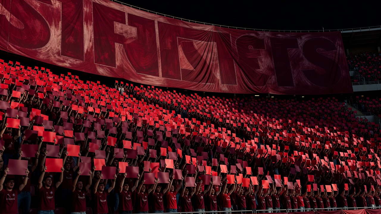 A curved stand covered by a giant painted tifo banner and coloured cards held by supporters, in a burgundy duotone
