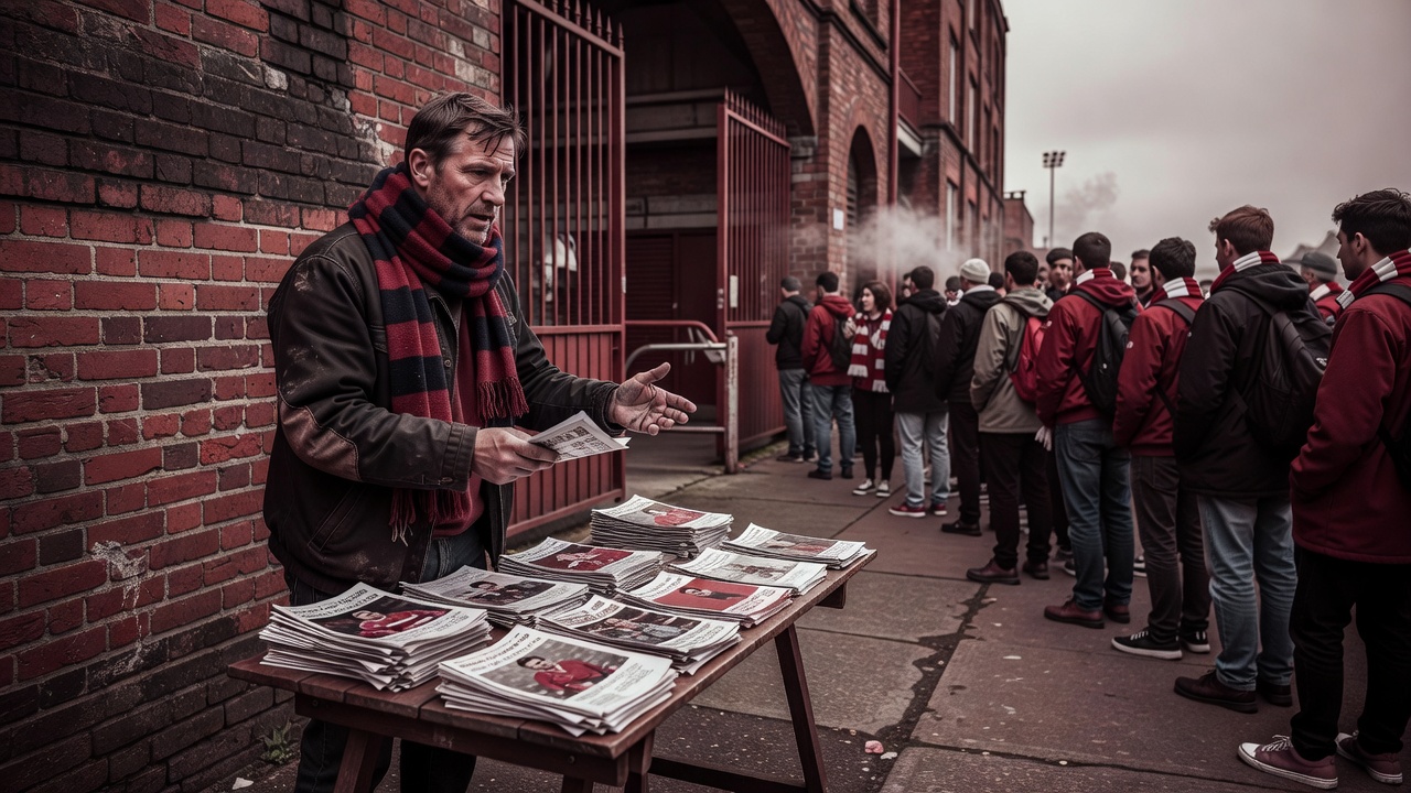 A supporter selling photocopied fanzines to fans queuing outside a football ground, shown in a burgundy duotone