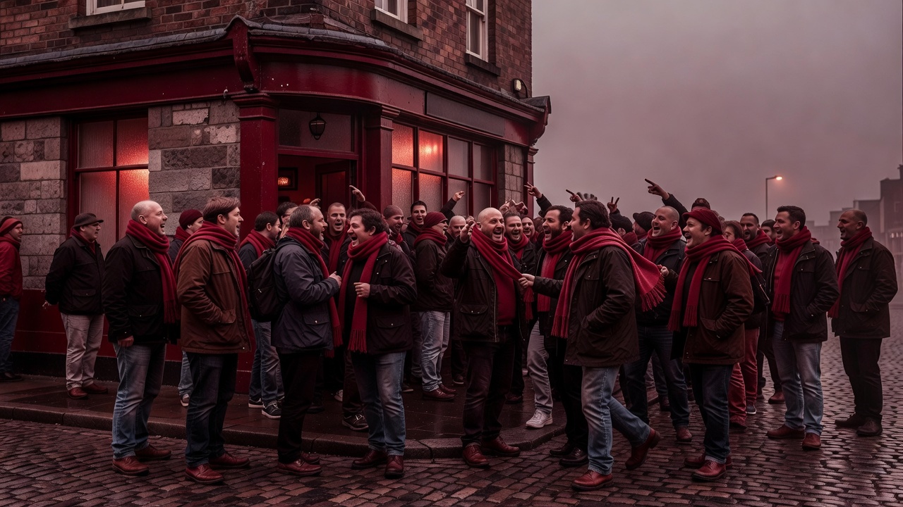 Supporters in scarves gathered outside a corner pub before a match, shown in a burgundy duotone