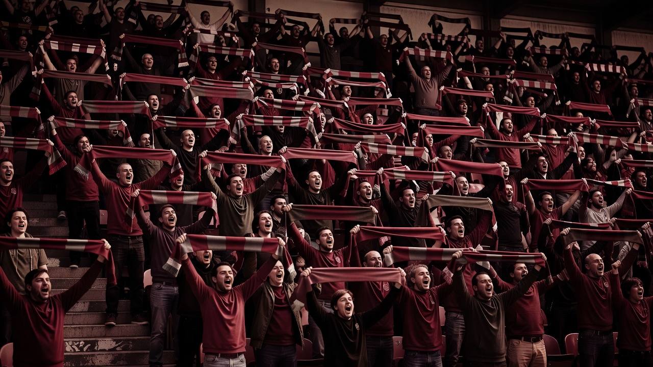 Supporters on a packed terrace holding scarves above their heads while singing, shown in a burgundy duotone